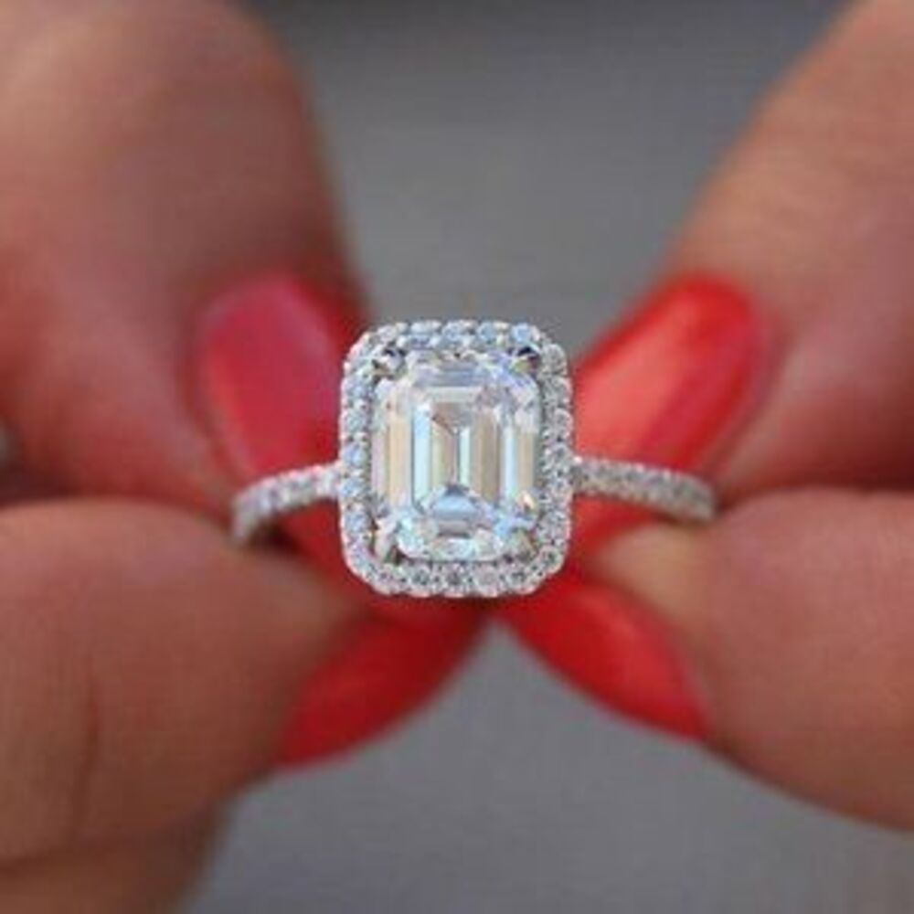 NEW 925 Silver Diamond Halo Emerald Cut Ring B